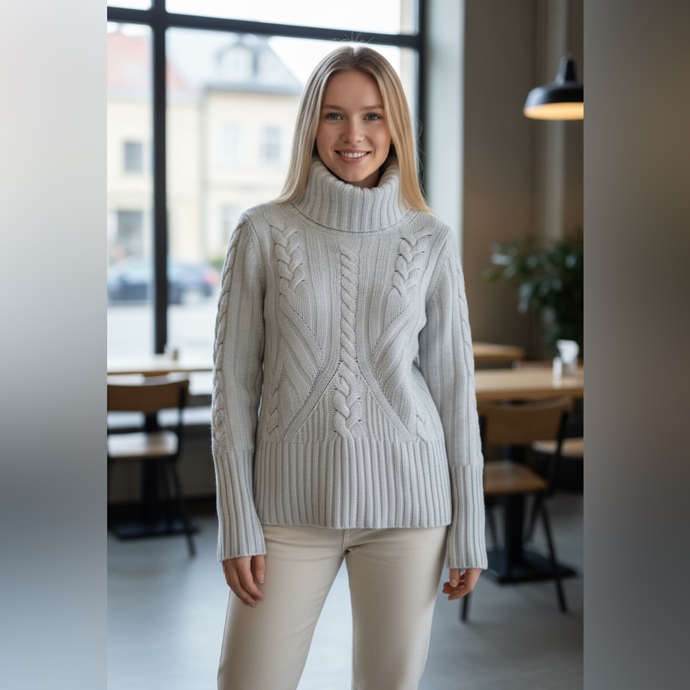 Women's Cable Knit Turtleneck Sweater extra fine Merino Wool blend size XS